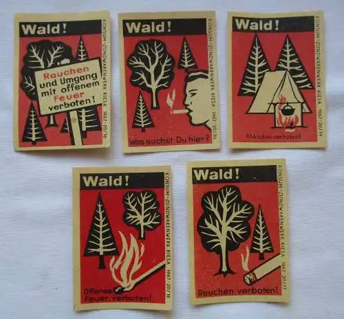 5x Streichholzetikett Serie Wald! Konsum Zündwarenwerk Riesa 1967 (125519)