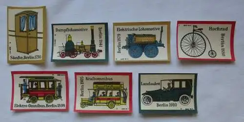 7x Streichholzetikett Serie Transportmittel Sänfte Hochrad Dampflok (126169)