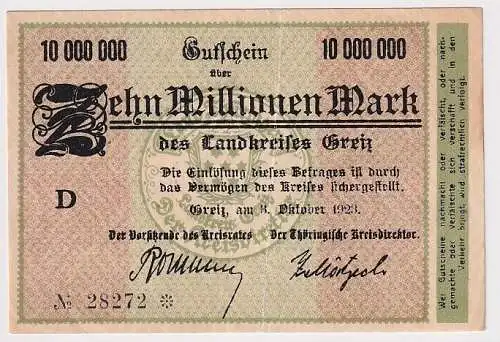 10 Millionen Mark Banknote Inflation Landkreis Greiz 3.10.1923 (104936)