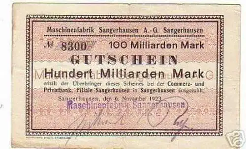 Banknote Inflation 100 MilliardenMark Sangerhausen 1923