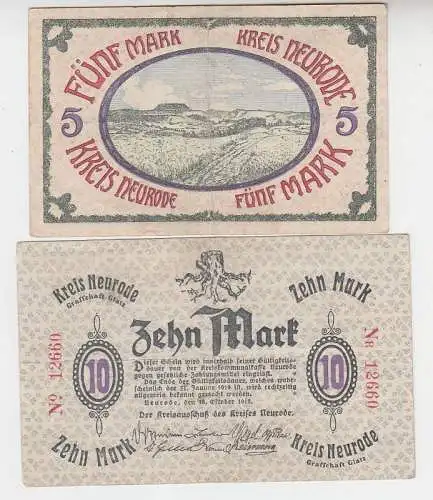 2 Banknoten 5 und 10 Mark Groß-Notgeld Kreis Neurode 1918