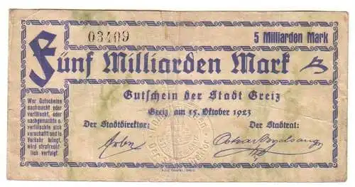 5 Milliarden Mark Inflations Banknote Stadt Greiz 15. Oktober 1923