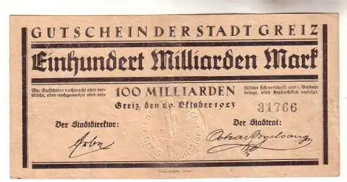 100 Milliarden Mark Inflations Banknote Stadt Greiz 29. Oktober 1923