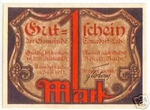 1 Mark Banknote Notgeld Gemeinde Tonndorf Lohe