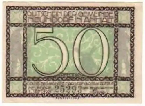 50 Pfennig Banknote Notgeld Gemeinde Neundorf 1921