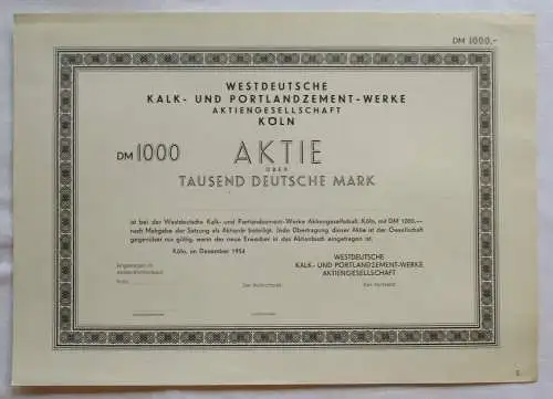 1000 DM Aktie Westdeutsche Kalk- & Portlandzement-Werke AG Köln 1954 (143995)