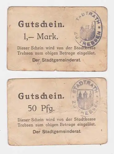 2 Banknoten 50 Pfennig und 1 Mark Notgeld Stadt Trebsen ohne Datum (122373)