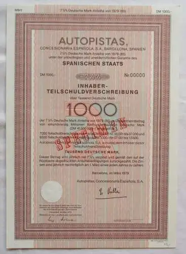 1000 DM Aktie Autopistas Concesionaria Espanola Barcelona März 1979 (143644)