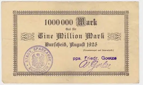 1 Million Mark Banknote Burscheid Friedrich Goetze 1923 (122294)