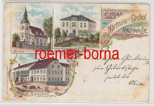 76852 Ak Lithografie Gruss von Hartmann´s Gasthof Hauswalde 1908