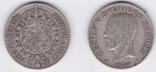 1 Krone Silber Münze Schweden 1936 (122186)