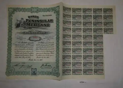 100 Peso Aktie Banco Peninsular Mexicano Mérida 1. Juli 1908 (127044)