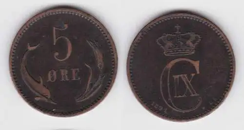 5 Öre Kupfer Münze Dänemark Delphin 1891 ss (142984)