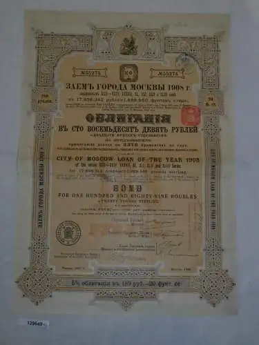 189 Rubel Aktie Stadt Moskau Darlehen des Jahres 1908 Russland (129649)