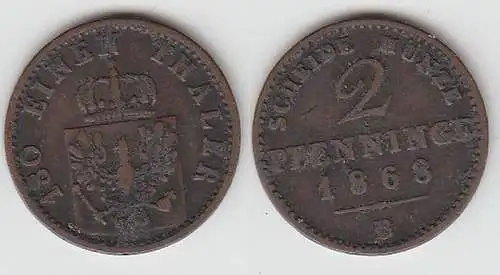 2 Pfennige Kupfer Münze Preussen 1868 B ss