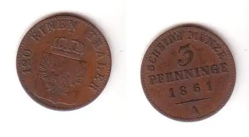 3 Pfennige Kupfer Münze Preussen 1861 A ss