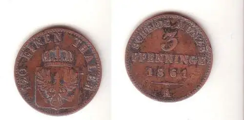 3 Pfennige Kupfer Münze Preussen 1861 A f. ss