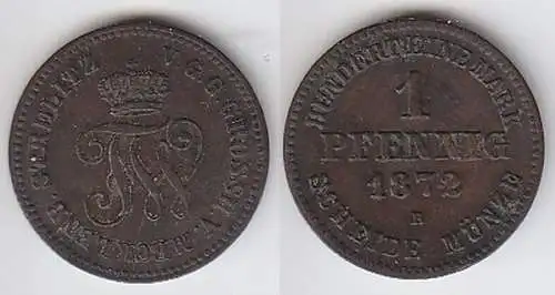 1 Pfennig Kupfer Münze Mecklenburg Schwerin 1872 B f. ss