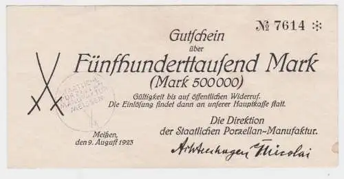 500000 Mark Banknote Meissen Porzellan Manufaktur 9.8.1923 (119248)