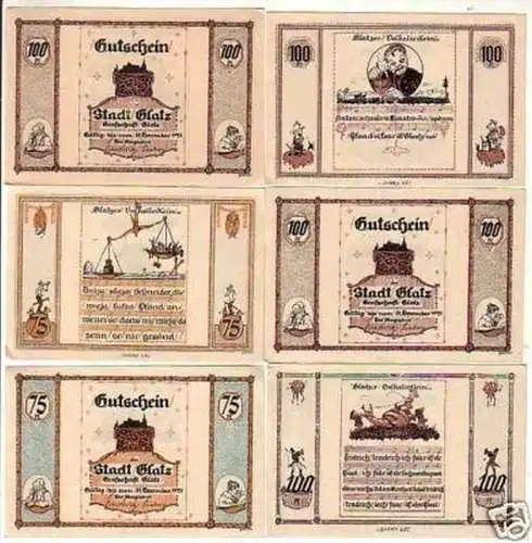 6 Banknoten Notgeld der Stadt Glatz Volkslieder um 1921