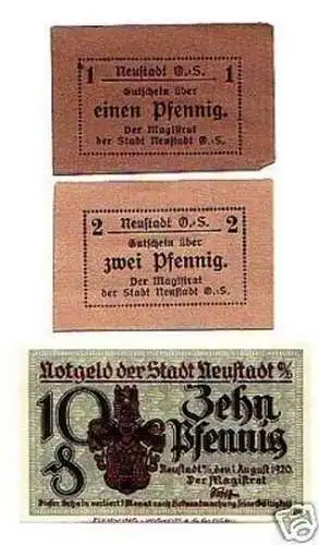 3 Banknoten Notgeld Stadt Neustadt O. Schlesien um 1920