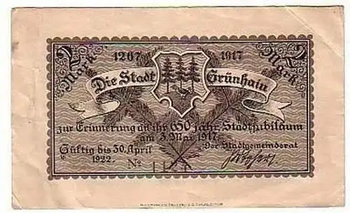 2 Mark Banknote Notgeld Stadt Grünhain 1917