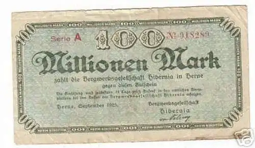 Banknote Inflation 100 Millionen Mark Herne 1923