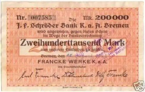 Banknote Inflation 200000Mark Bremen Francke Werke 1923