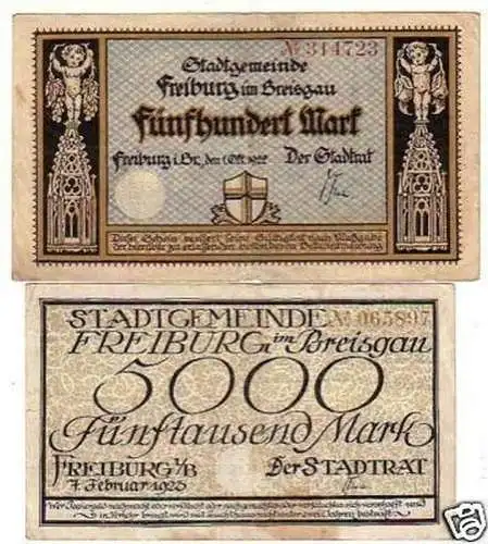 2 Banknoten Inflation Freiburg im Breisgau 1922-1923