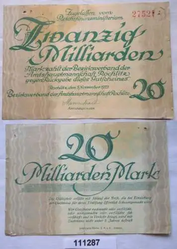 20 Milliarden Mark Banknote Inflation Stadt Rochlitz 5.11.1923 (111287)