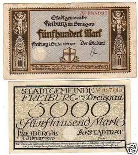 2 Banknoten Inflation Freiburg im Breisgau 1922-1923