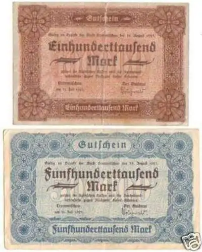 2 Banknote Inflation Stadt Crimmitschau 1923