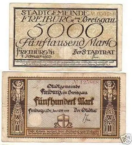 2 Banknoten Inflation Freiburg im Breisgau 1922-1923