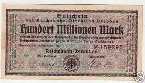 100 Millionen Banknote Inflation Reichsbahn Dresden 1923