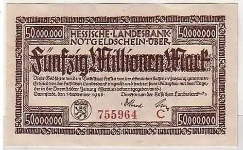 50 Millionen Mark Banknote Inflation Darmstadt 1.9.1923