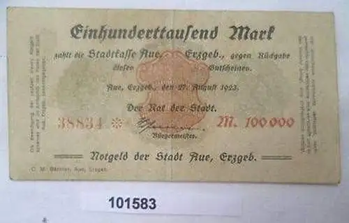 Banknote Inflation Stadtkasse Aue 100000 Mark 1923