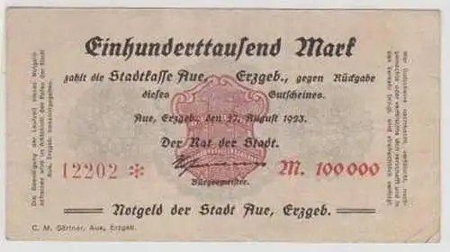 Banknote Inflatione 100000 Mark Stadtkasse Aue 1923