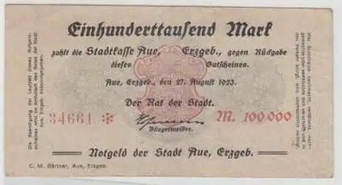 Banknote Inflatione 100000 Mark Stadtkasse Aue 1923