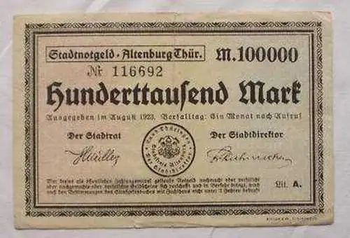 100000 Mark Banknote Inflation Stadt Altenburg 1923