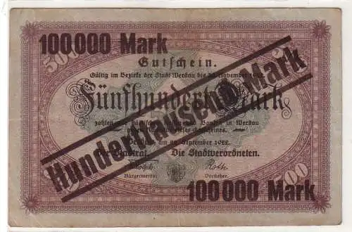 alte Banknoten Inflation 100000 Mark Überdruck auf 500 Mark Werdau 1922