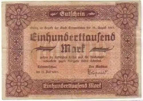 100000 Mark Banknote Inflation Stadt Crimmitschau 1923