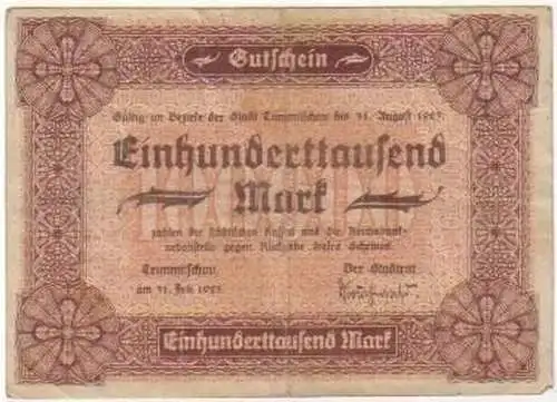 100000 Mark Banknote Inflation Stadt Crimmitschau 1923