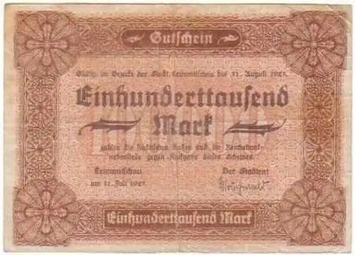 100000 Mark Banknote Inflation Stadt Crimmitschau 1923