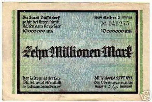 rare Banknote Inflation 10 Millionen Mk Düsseldorf 1923