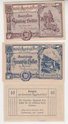 3 Banknoten Notgeld Gemeinde Aggsbach Dorf in der Wachau Österreich 1920