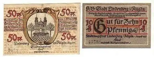 2 Banknoten Notgeld Stadt Lindenberg im Allgäu 1917/18