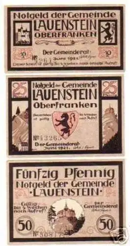 3 Banknoten Notgeld der Gemeinde Lauenstein um 1920