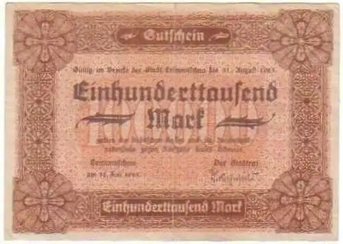 100000 Mark Banknote Inflation Stadt Crimmitschau 1923