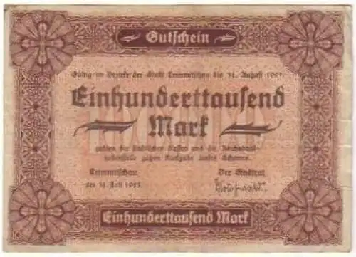 100000 Mark Banknote Inflation Stadt Crimmitschau 1923