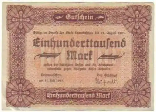 100000 Mark Banknote Inflation Stadt Crimmitschau 1923